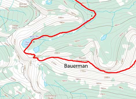 Mt. Bauerman ascent route from Bauerman Divide