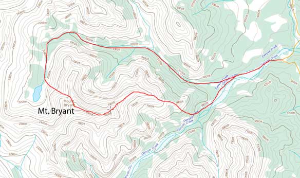 Mt. Bryant scramble route via NW slopes and then down E. Ridge