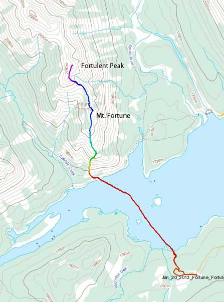 Mt. Fortune to Fortulent Peak snowshoe ascent route