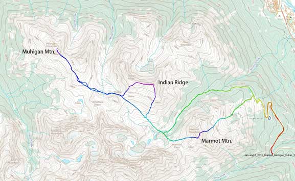Marmot Mountain, Muhigan Mountain and Indian Ridge winter ascent route