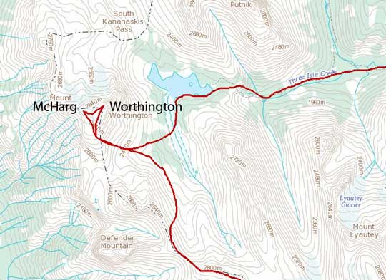 Mt. McHarg and Mt. Worthington scramble route