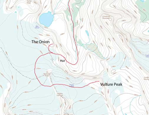 The Onion and Vulture Peak ski ascent route from Bow Hut
