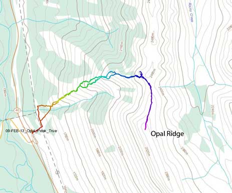 Ascent route for Opal Ridge (south/true summit)