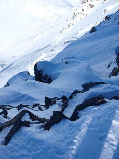 Looking down the first rock band from false summit
