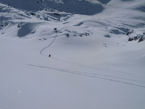 Looking down at Wietse following my tracks up the final Ramp