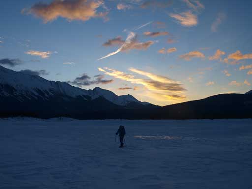 Ben crossing Spray Lake. As you can see the sun hasn't come out yet.