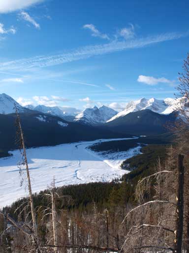 A view down towards Spray Lake