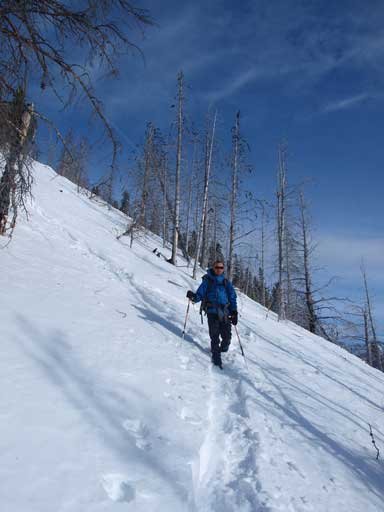 Ben snowshoeing down the typical terrain
