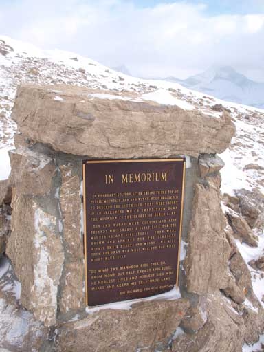 A memorial plaque on the summit. Two guys died on Fossil Mountain in an avalanche.