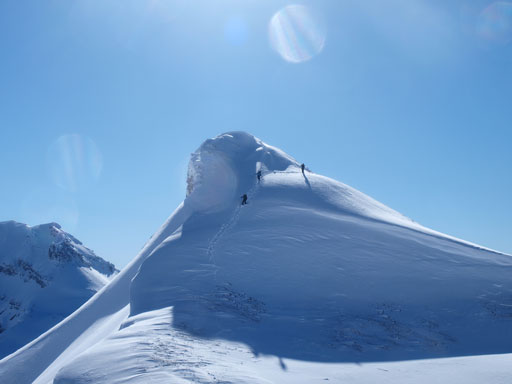 Josee, Fabrice (golden scramblers) and their friend coming down from the false summit