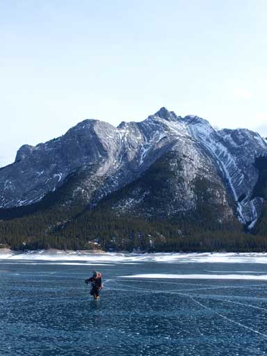 Mike on Abraham Lake, with our objective in the background