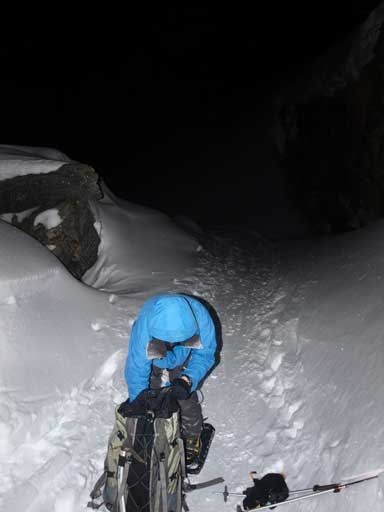 Snowshoeing up the approach in dark