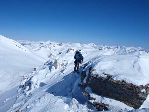 The ridge narrows higher up. This is near the false summit