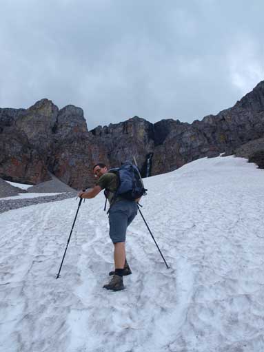 Eric walking up snow. Sometimes it's easier to walk on snow instead of scree