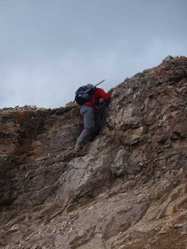 Eric down-climbing some fun stuffs near the crux