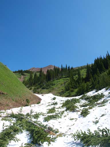 Going up the avalanche gully. Snow offered some easy travelling