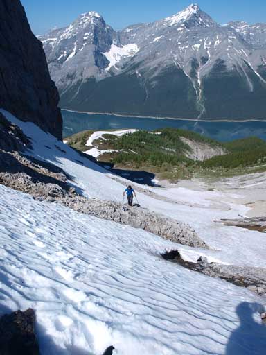 Clayton follows me up the snow gully beneath Read's Tower