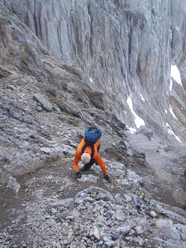Ascending the loose terrain towards center peak