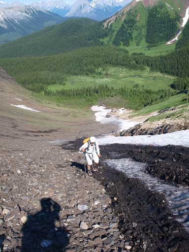 Looking down from the big gully. Nugara's winter route also goes up this way..