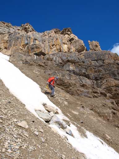 Now back to the tedious scree. It's not scree skiing, and very hard on our knees.