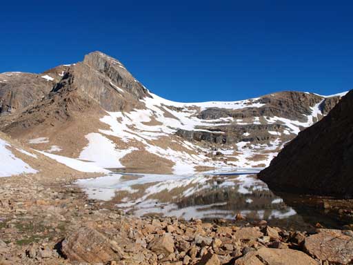 Morning view of Kiwetinok Lake, with Kiwetinok Peak behind.