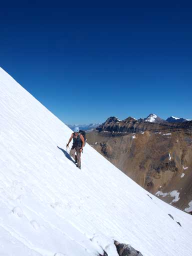 Andrea following my steps up the steep snow