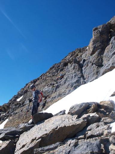 Descending loose terrain.