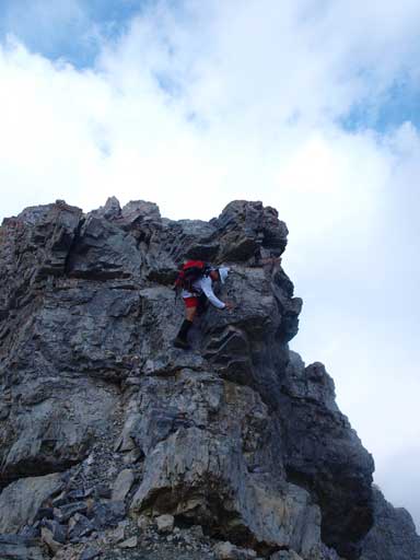 Grant down-climbing the second part of 1st crux.