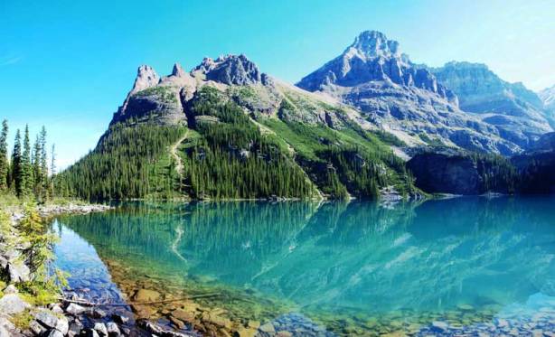 A morning panorama of Lake O'Hara. Mt. Huber behind. Click to view large size.