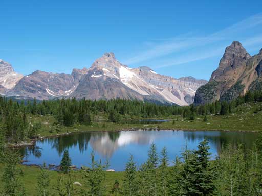 Cathedral Mountain and its reflection in Hungabee Lake