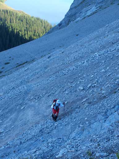 Grant coming up the scree path above Hidden Lake