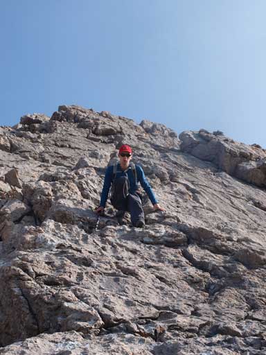 Mike descending one of the many slabs down the alternate route.