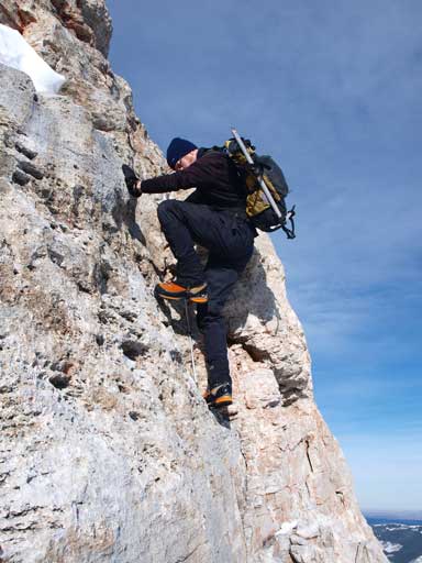 Neil down-climbing his optional challenge