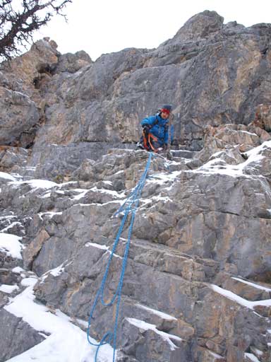 Ben ready to downclimb/rap the crux