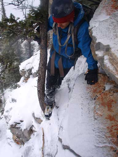 Finishing the traversing part. This tree provides extra hand and foot holds