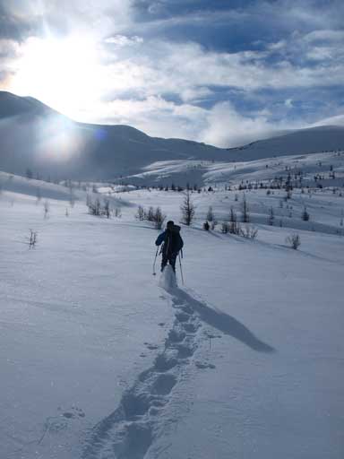 Ben breaking trail towards Purple Peak