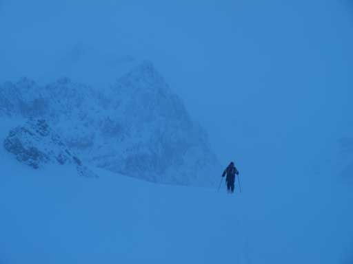 Kevin skiing towards Olive/Nick col. Mount Olive was barely visible at this point