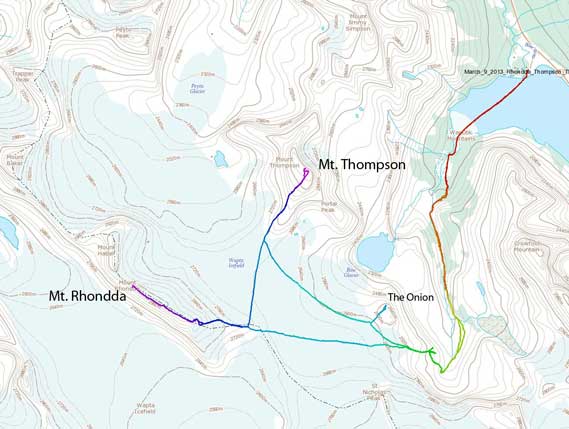 Mt. Rhondda and Mt. Thompson standard winter ascent route