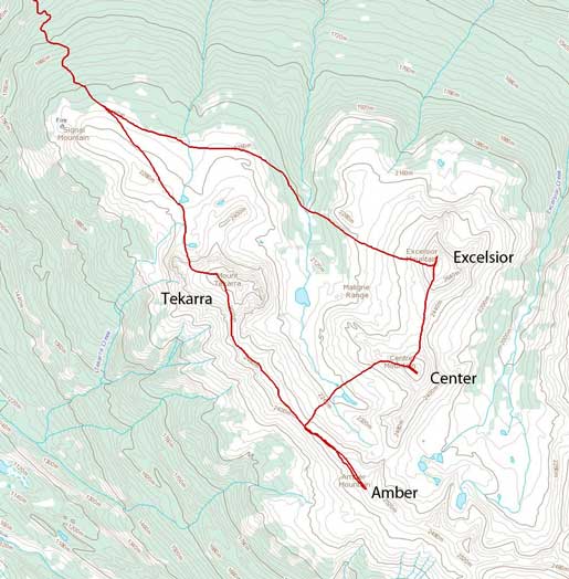 Ascent routes for Excelsior, Center, Amber and Tekarra