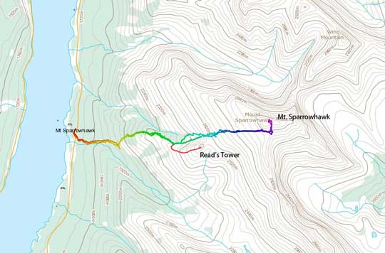 The standard scramble route for Mt. Sparrowhawk and Read's Tower