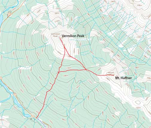 Vermilion Peak and Mt. Haffner winter ascent route