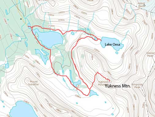 Yukness Mountain standard scramble route plus a loop via Lake Oesa