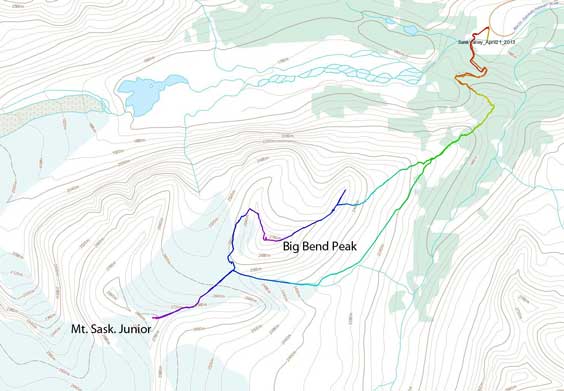 Big Bend Peak and Mt. Saskatchewan Junior snowshoe ascent route