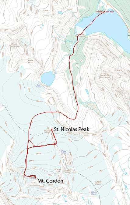 Mt. Gordon and St. Nicolas Peak snowshoe/ski ascent route 