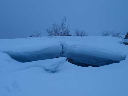An impressive ice formation on Spray Lake. It started to snow at this point.