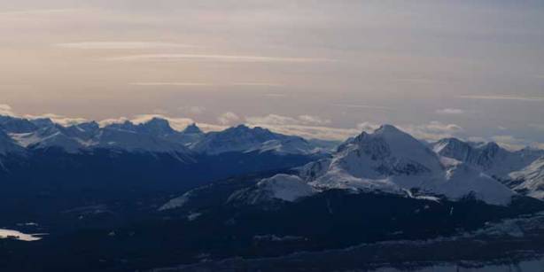 The Ramparts on left. Pyramid Mountain on right.