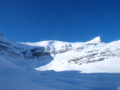 Going towards this alpine bowl. St. Nick is the pointy peak.