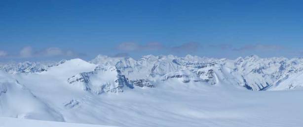 Collie on left, Mummery behind. Freshfield Icefield right of center in the background.