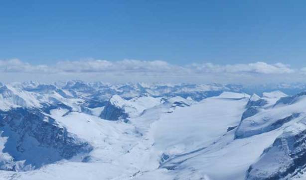 Balfour Glacier on right. Peaks in Skoki/Pipestone area in the background