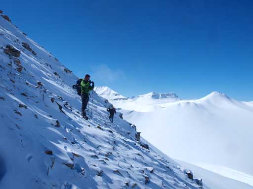 Vern and Eric traversing slippery terrain to re-gain the North ridge
